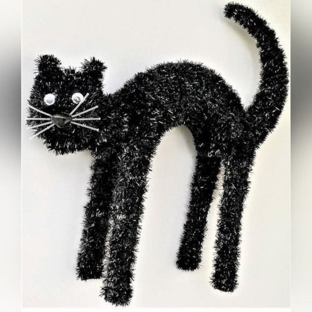 Black Tinsel Cat Figurine Arched Back Spooky Halloween Witch Decor